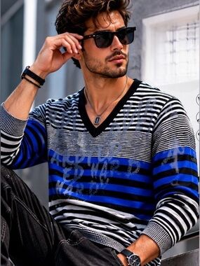 NWT Ed Hardy by Christian Audigier 
V-Neck wool blend sweater Blue Black Size L